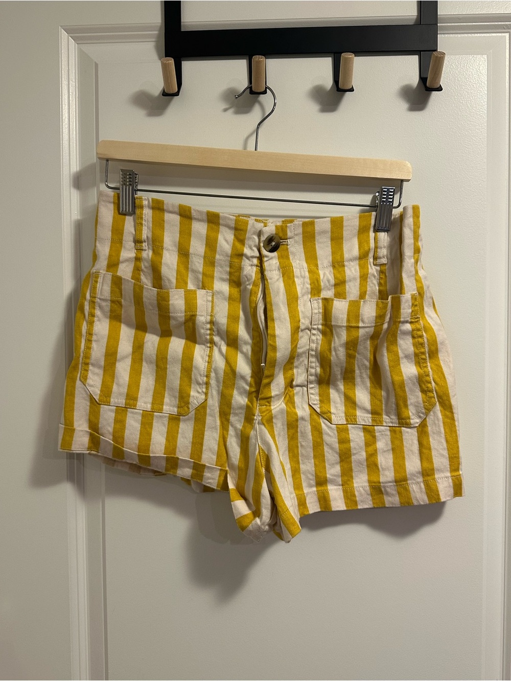 Anthropologie Yellow and White Striped High-Waist Cotton Shorts